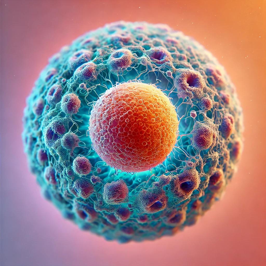 A high-resolution digital illustration of a hematopoietic stem cell, featuring a vibrant nucleus and a structured cellular membrane