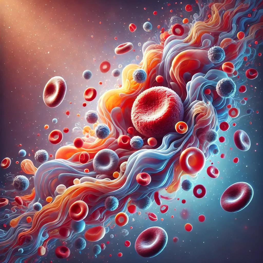 A stunning digital depiction of platelet-rich plasma (PRP) in motion, with red and white blood cells dynamically flowing through a plasma-rich environment